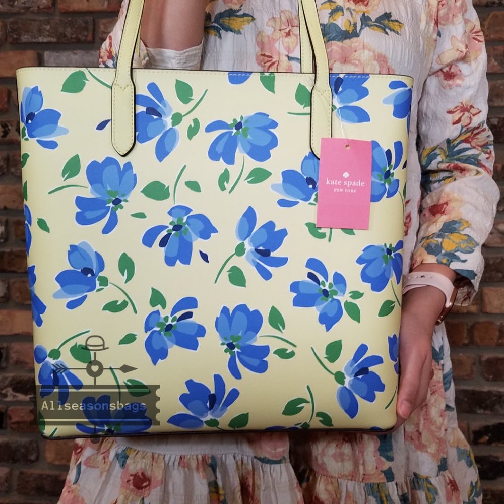 Kate Spade Garden Toss Tote Blue FLORAL Yellow - Picture 3 of 6
